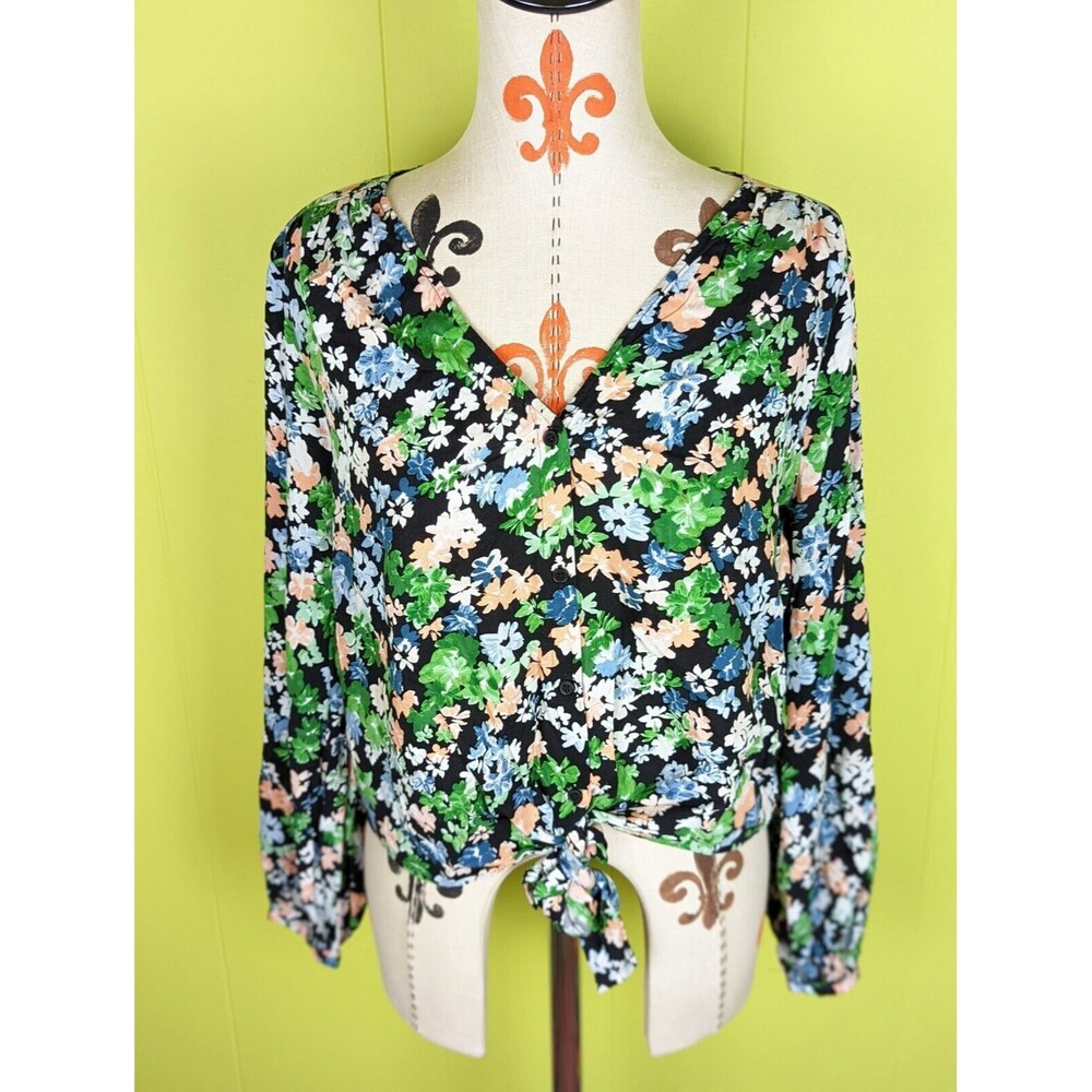H&M Womens M Button Up Crop Top Boho Waist Tie V-Neck Black Green Pink Floral